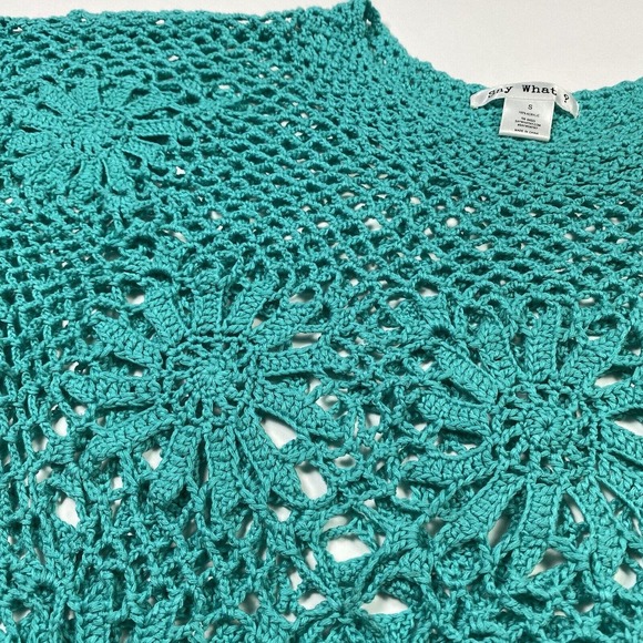 Say What Brand Crop Top Short Sleeve Crochet Sweater Teal Women Size S Pre-Owned - Picture 2 of 6